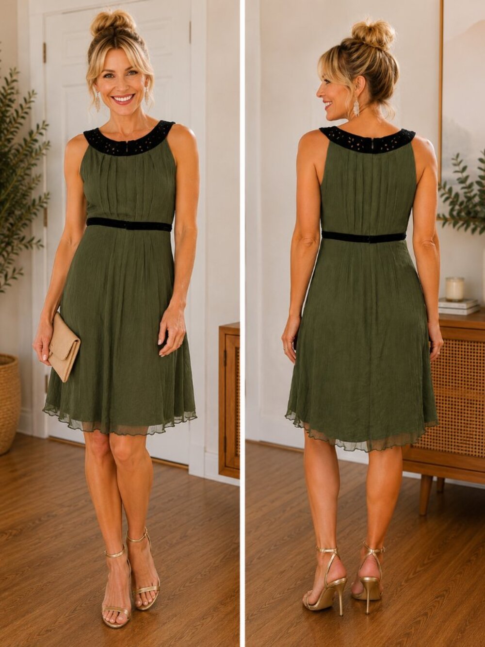 Muse Olive Green 100% Silk Dress | Size 10 | Beaded Neckline | Lined| B-1835